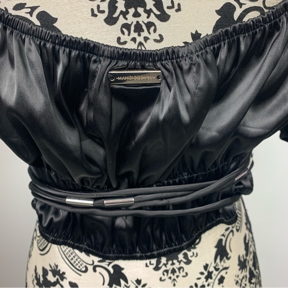 Maniere De Voir Black Satin Puff Sleeve Corset Crop Top - Picture 7 of 10